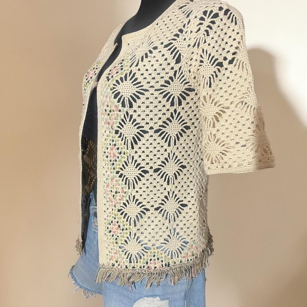 Anthropologie Edie Crochet Fringe Open Weave Cardigan - Picture 3 of 8